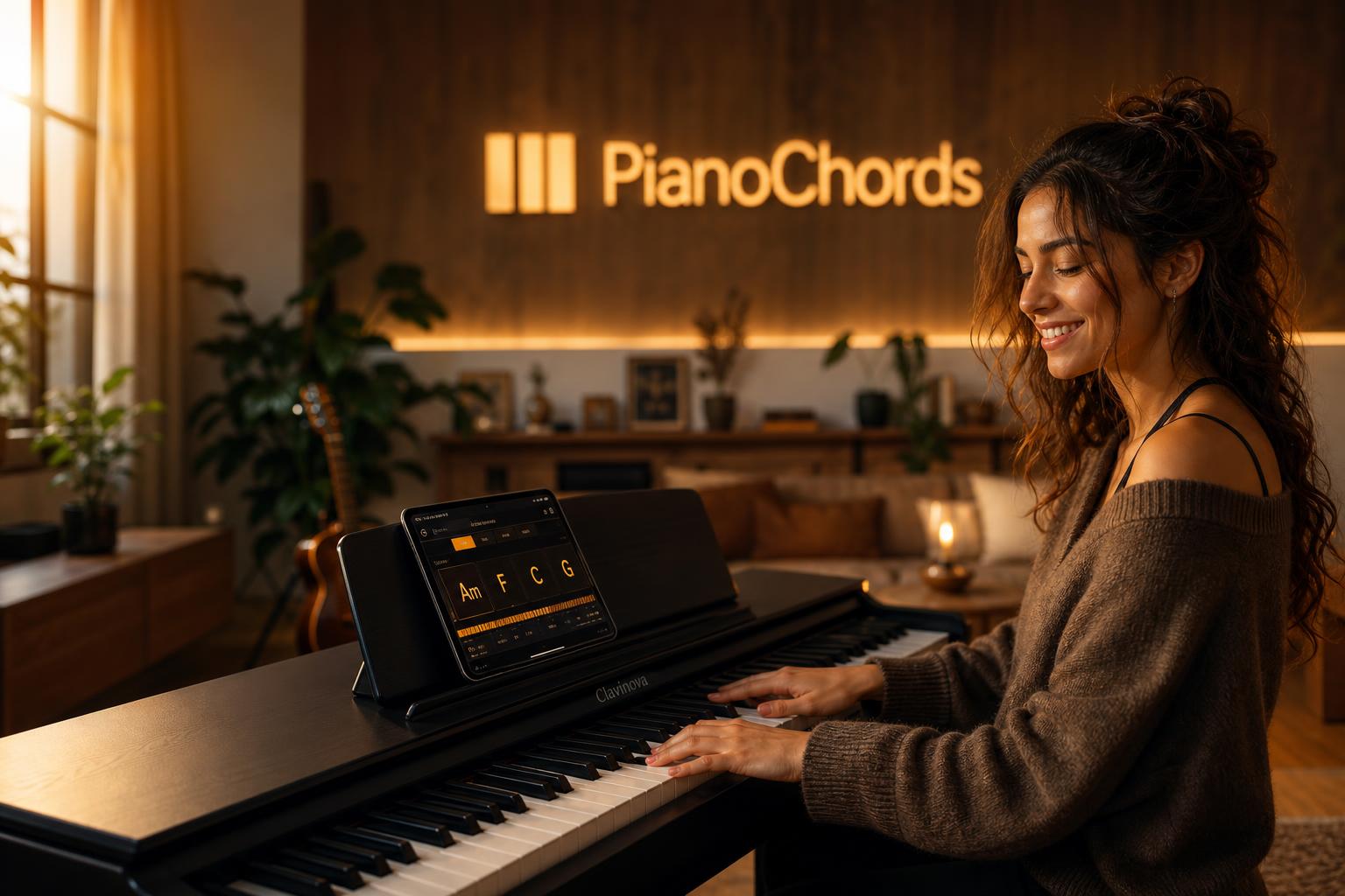 Young woman playing piano at home with the PianoChords app on her music stand